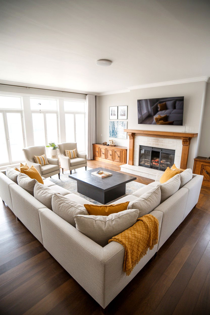 Sectional Sofa Wrapped Around Fireplace Wall - 30 living room layout with fireplace ideas