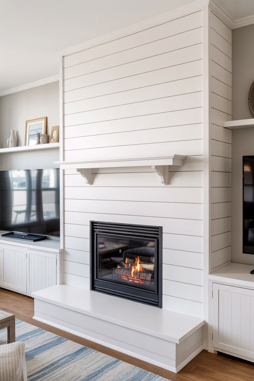 Shiplap Accent Wall with Coastal Charm - 30 cozy fireplace aesthetic ideas