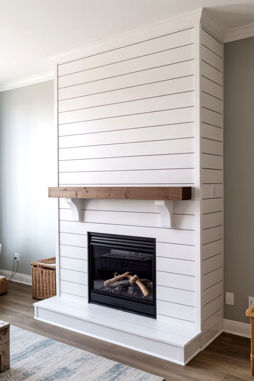 Shiplap Fireplace Wall with Integrated Mantle Ledge - 30 fireplace mantle ideas