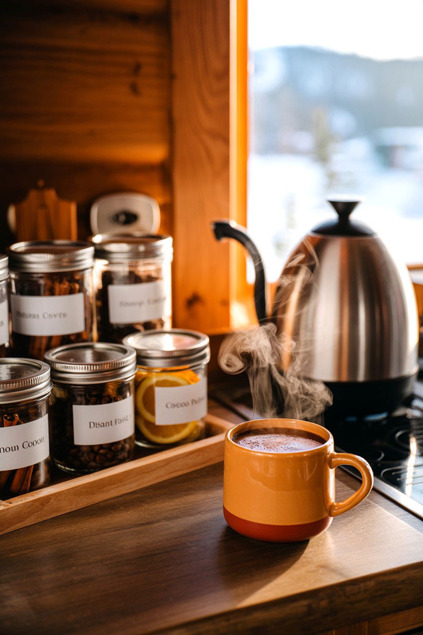 Simple Hot Drink Bar - 20-budget-friendly-cozy-cabin-trip-ideas