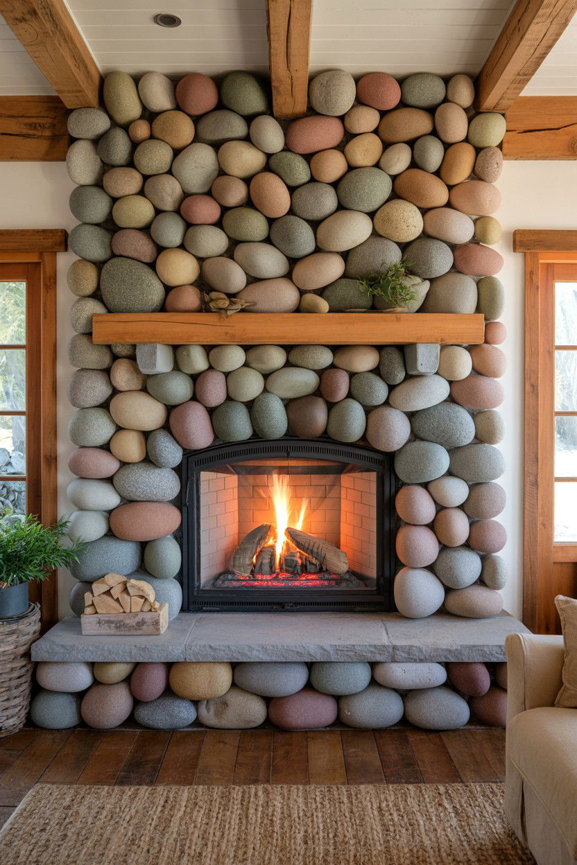 Slate Tiles in Herringbone Pattern - 30 stone fireplace ideas