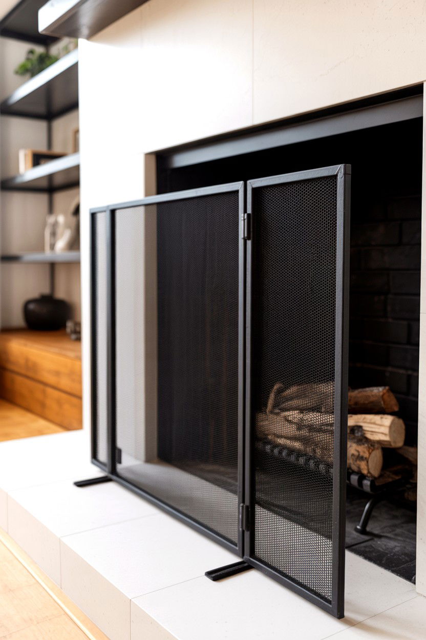 Sleek Black Metal Single Panel Screen - 30 fireplace screen ideas