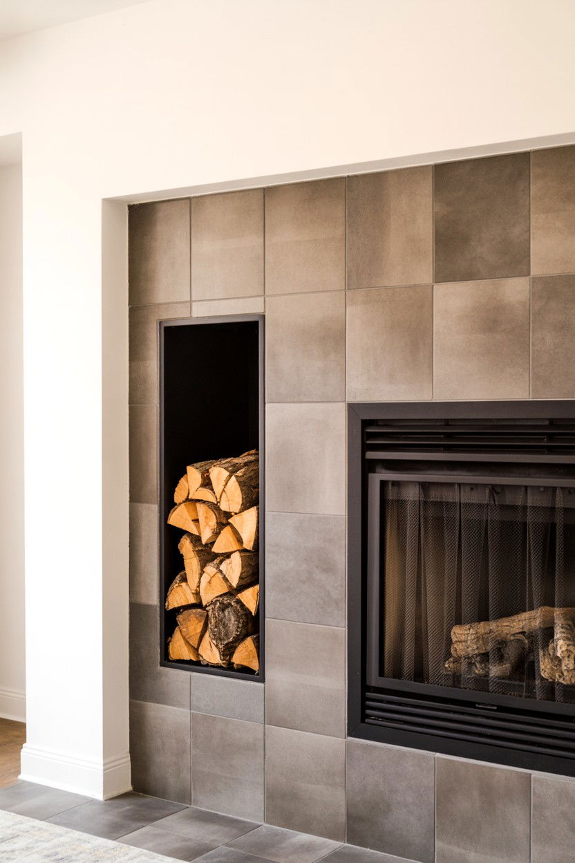 Sleek Porcelain Tile with Built In Wood Storage Niche - 30 built in fireplace ideas