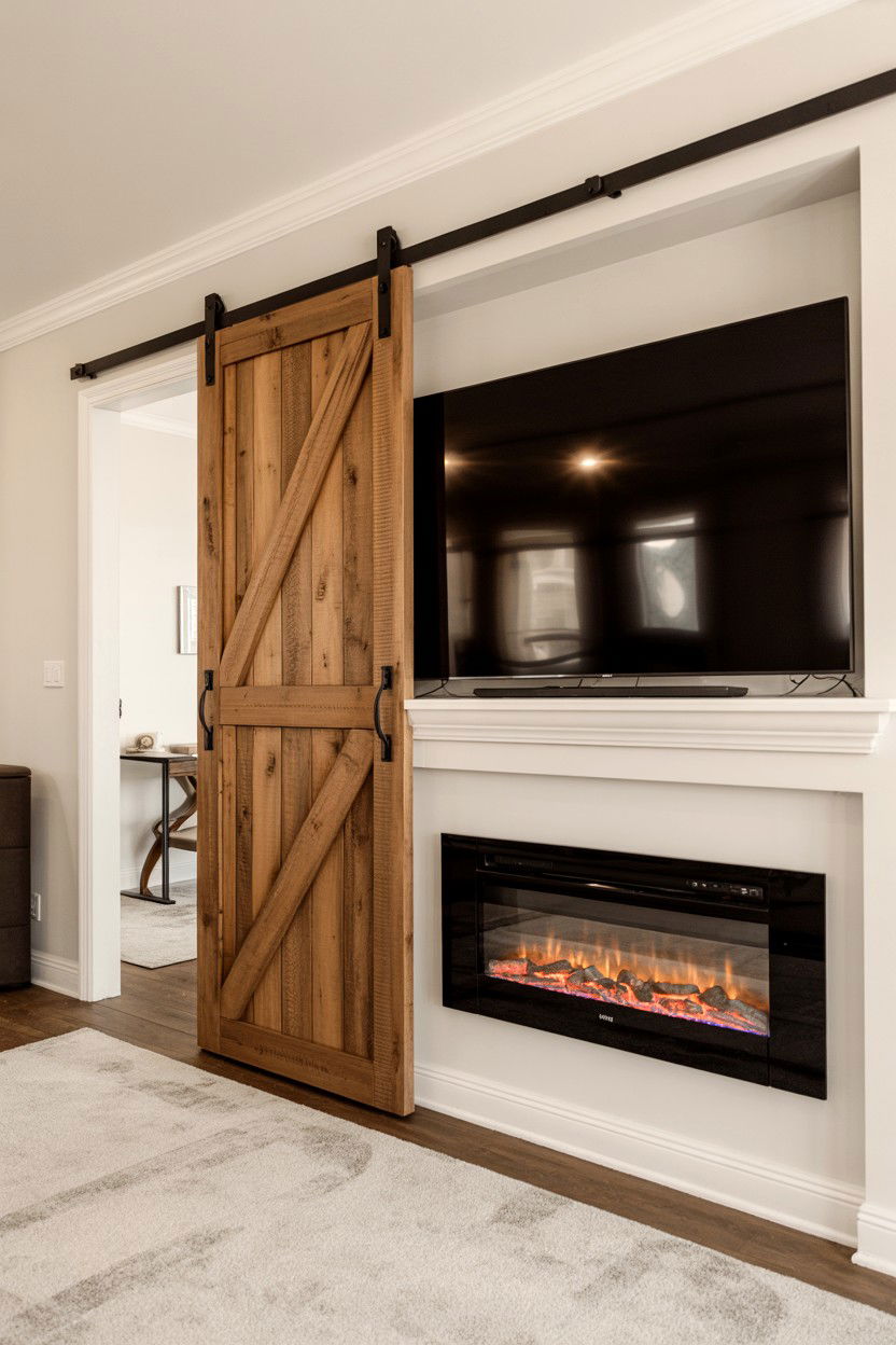 Sliding Barn Door Concealment With Hidden TV - 30 electric fireplace ideas with tv