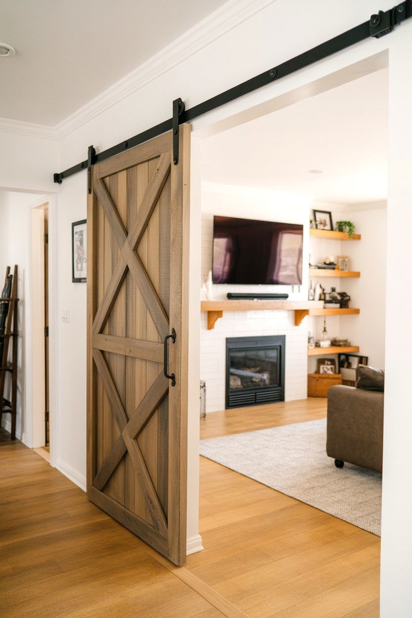Sliding Barn Door or Panel Concealing the TV - 30 fireplace tv wall ideas