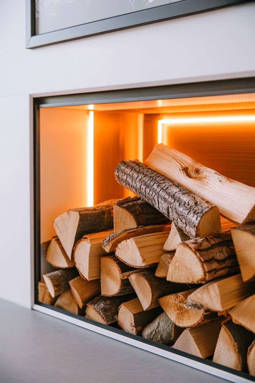 Stacked Firewood Display with LED Glow - 30 best fake fireplace ideas