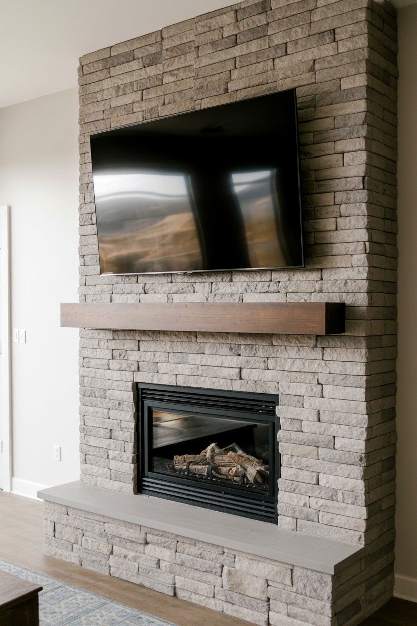 Stacked Horizontal Stone with Pronounced Texture - 30 fireplace tv wall ideas