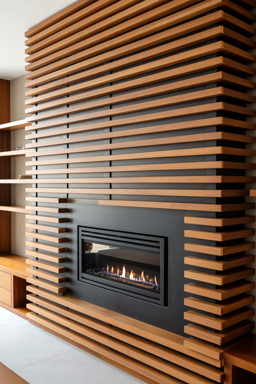 Stacked Horizontal Wood Slats with Recessed Gas Unit - 30 built in fireplace ideas