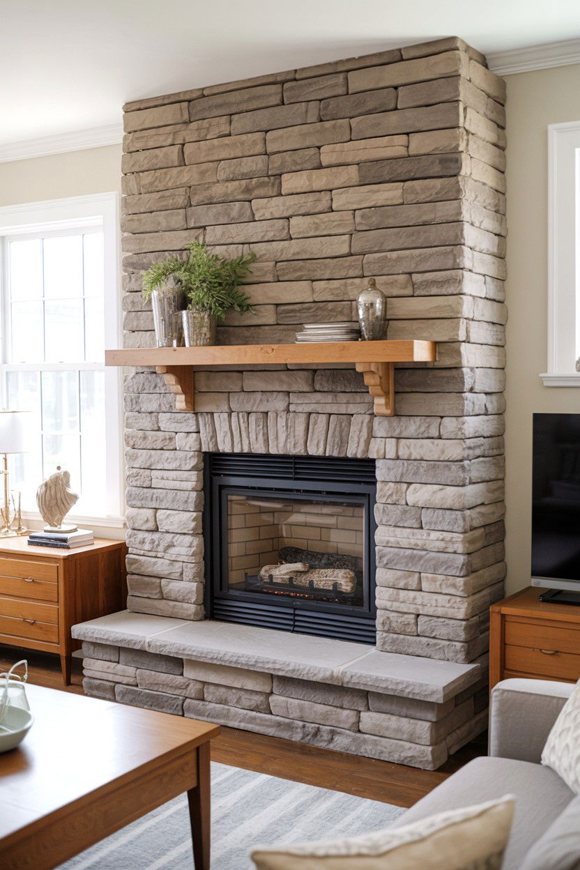 Stacked Ledger Stone with Dimensional Texture - 30 cozy fireplace aesthetic ideas