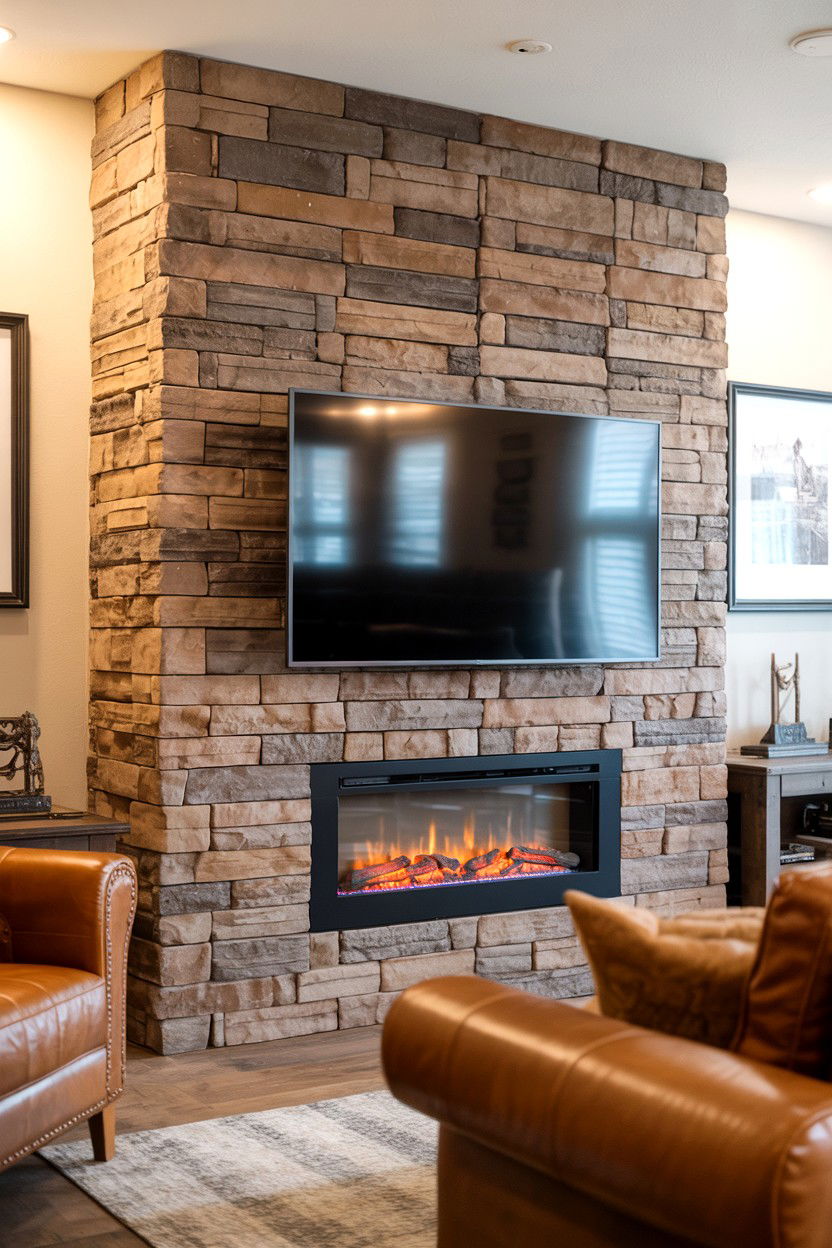 Stacked Stone Accent Wall With Dual Focal Points - 30 electric fireplace ideas with tv