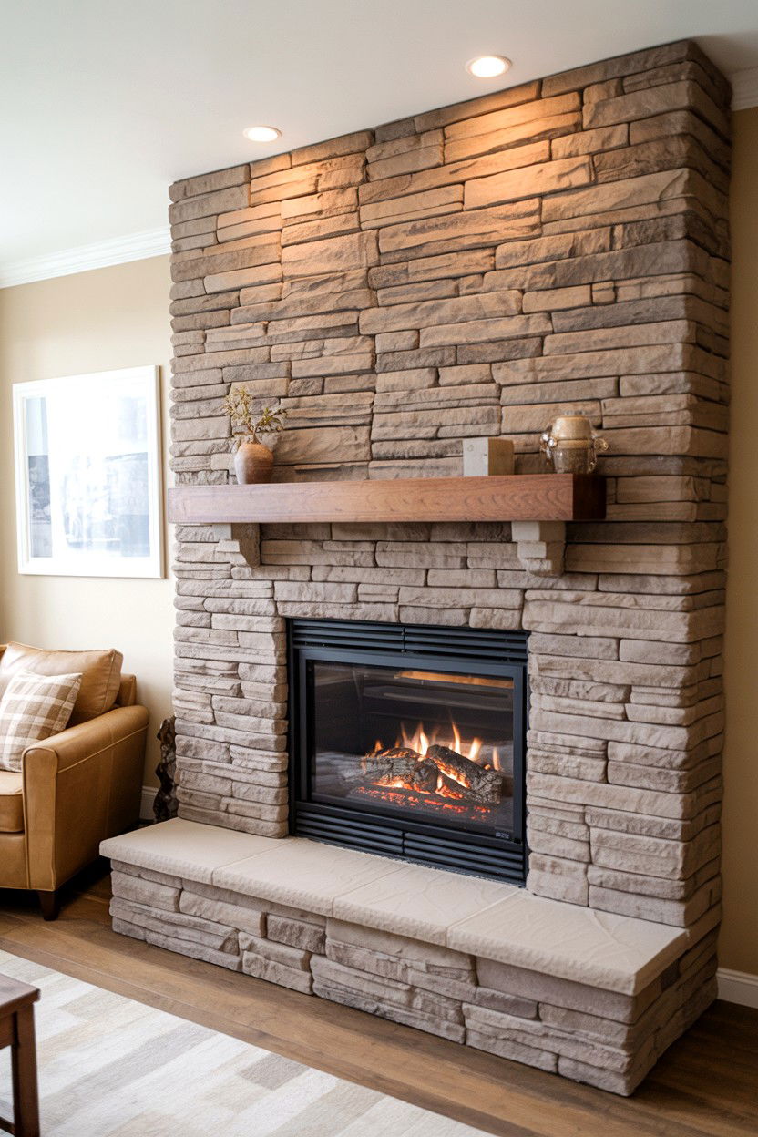 Stacked Stone Veneer for Dimensional Texture - 30 fireplace ideas