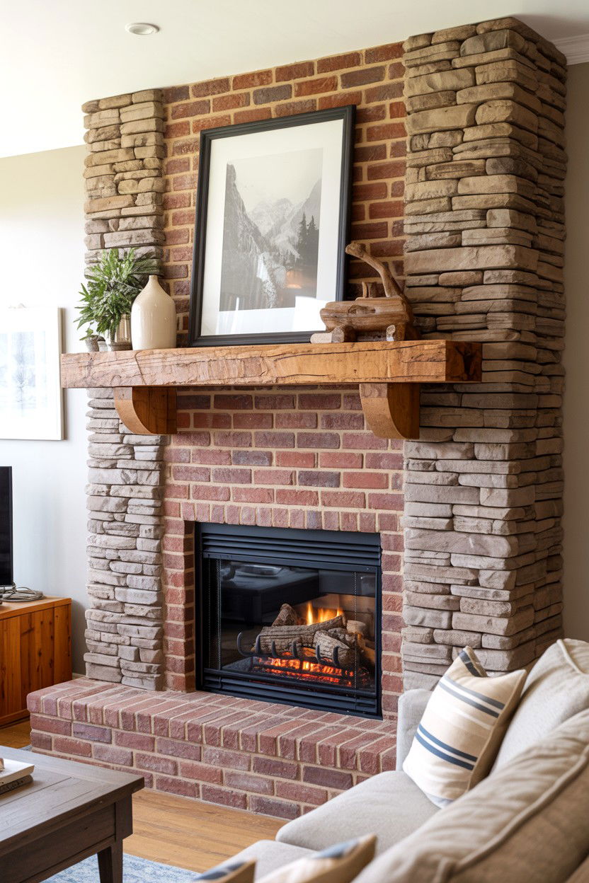 Stacked Stone and Brick Combination - 30 brick fireplace ideas