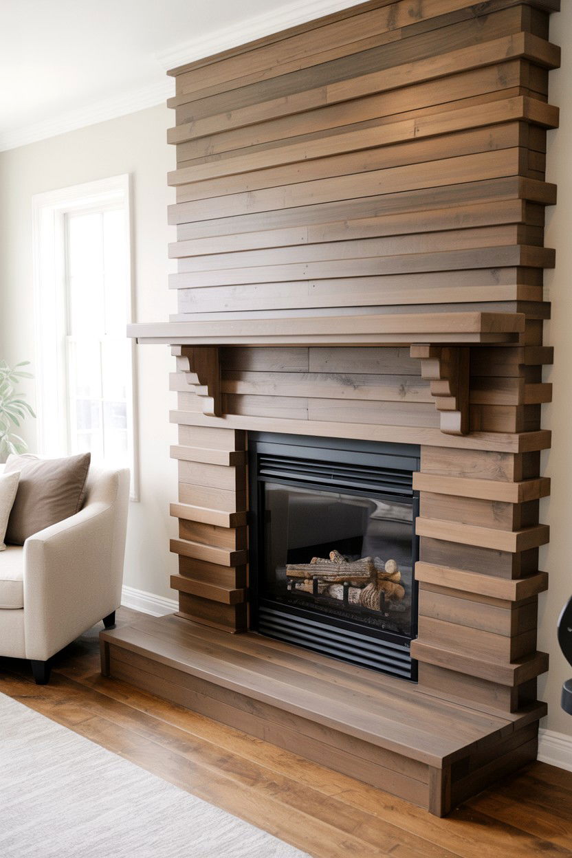 Stacked Wood Plank Layered Design - 30 diy fireplace mantle ideas