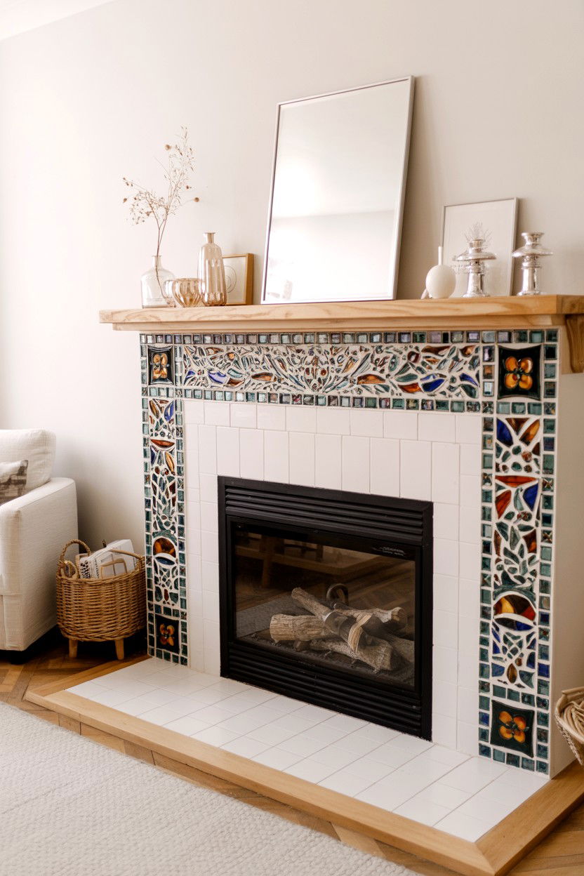 Stained Glass Mosaic Accent Mantle - 30 diy fireplace mantle ideas