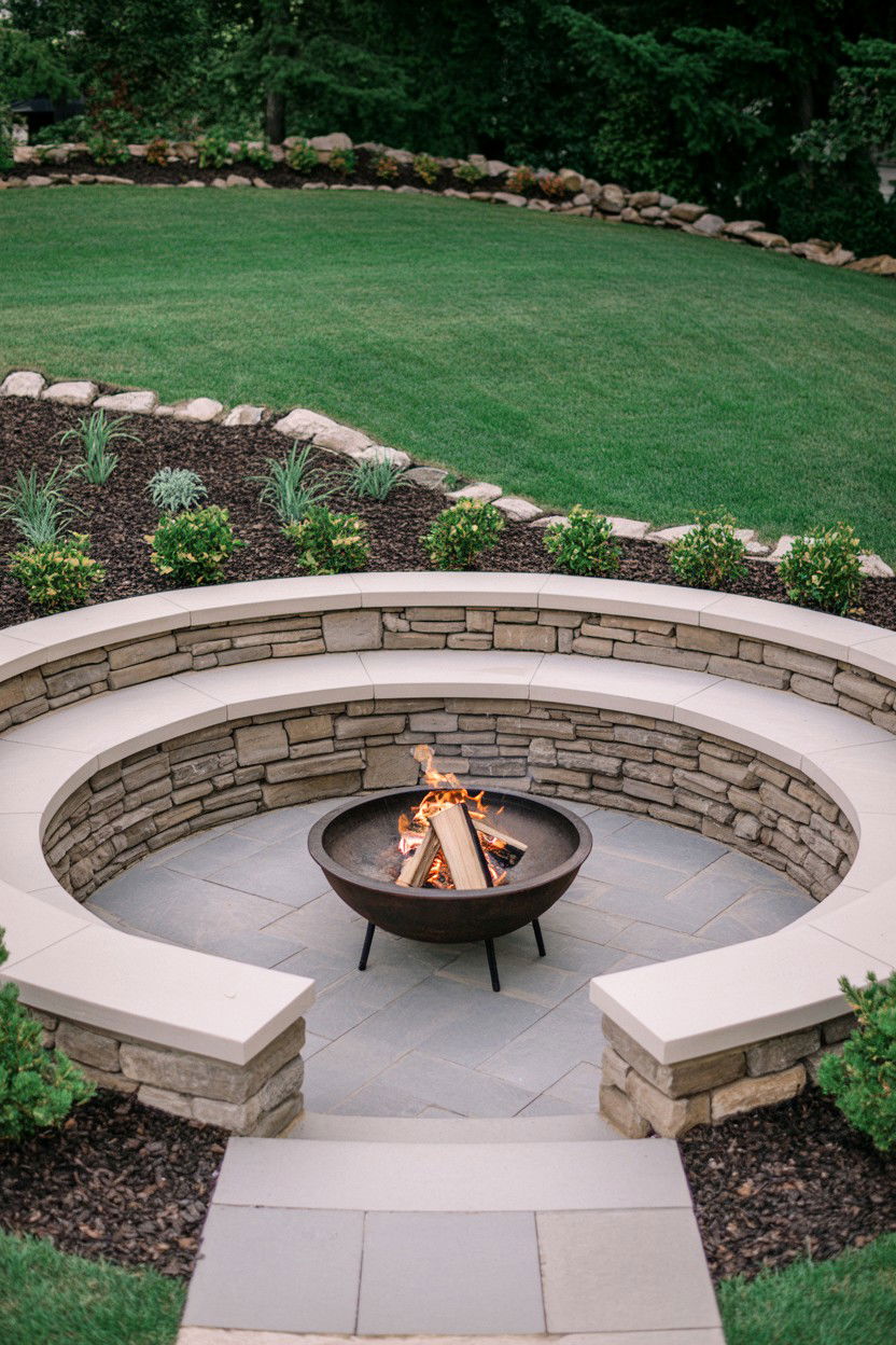 Sunken Fire Pit with Built In Bench Seating - 30 fire pit ideas