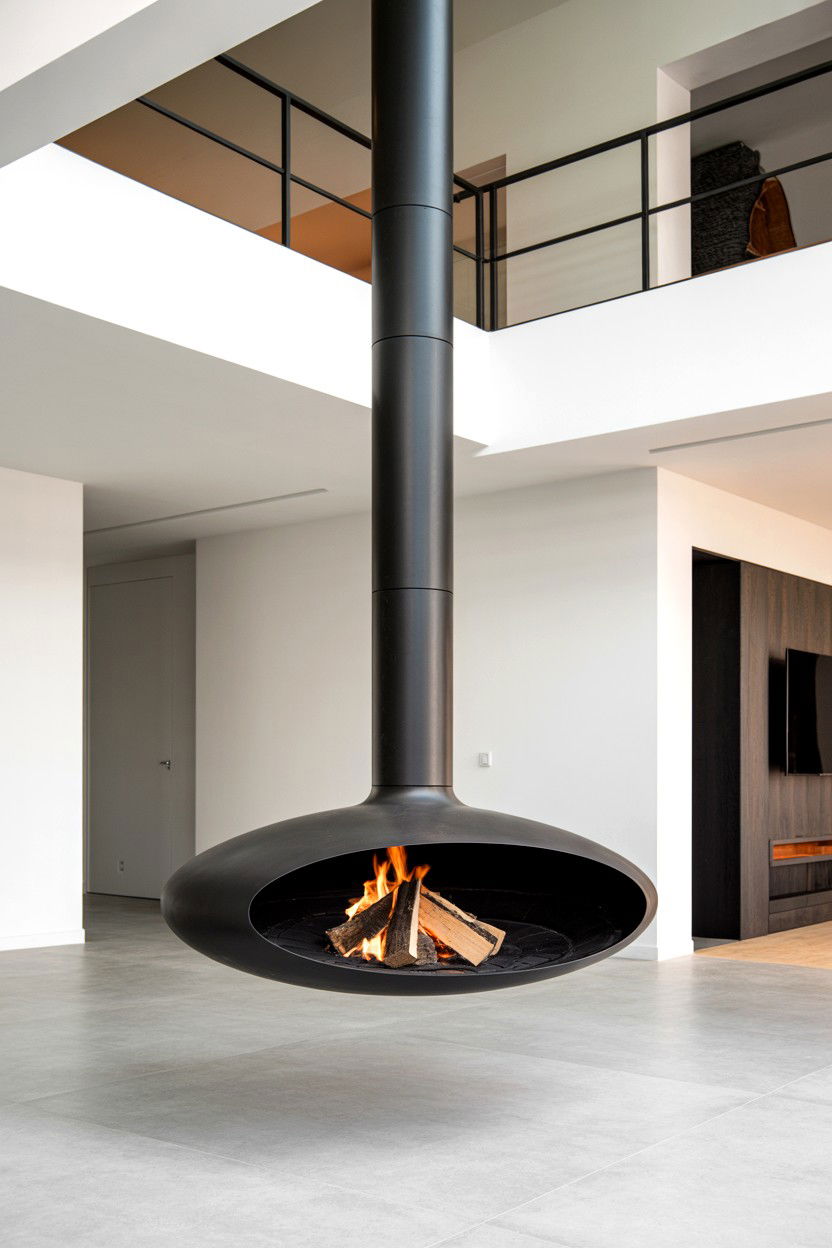 Suspended Hanging Fireplace as Sculptural Centerpiece