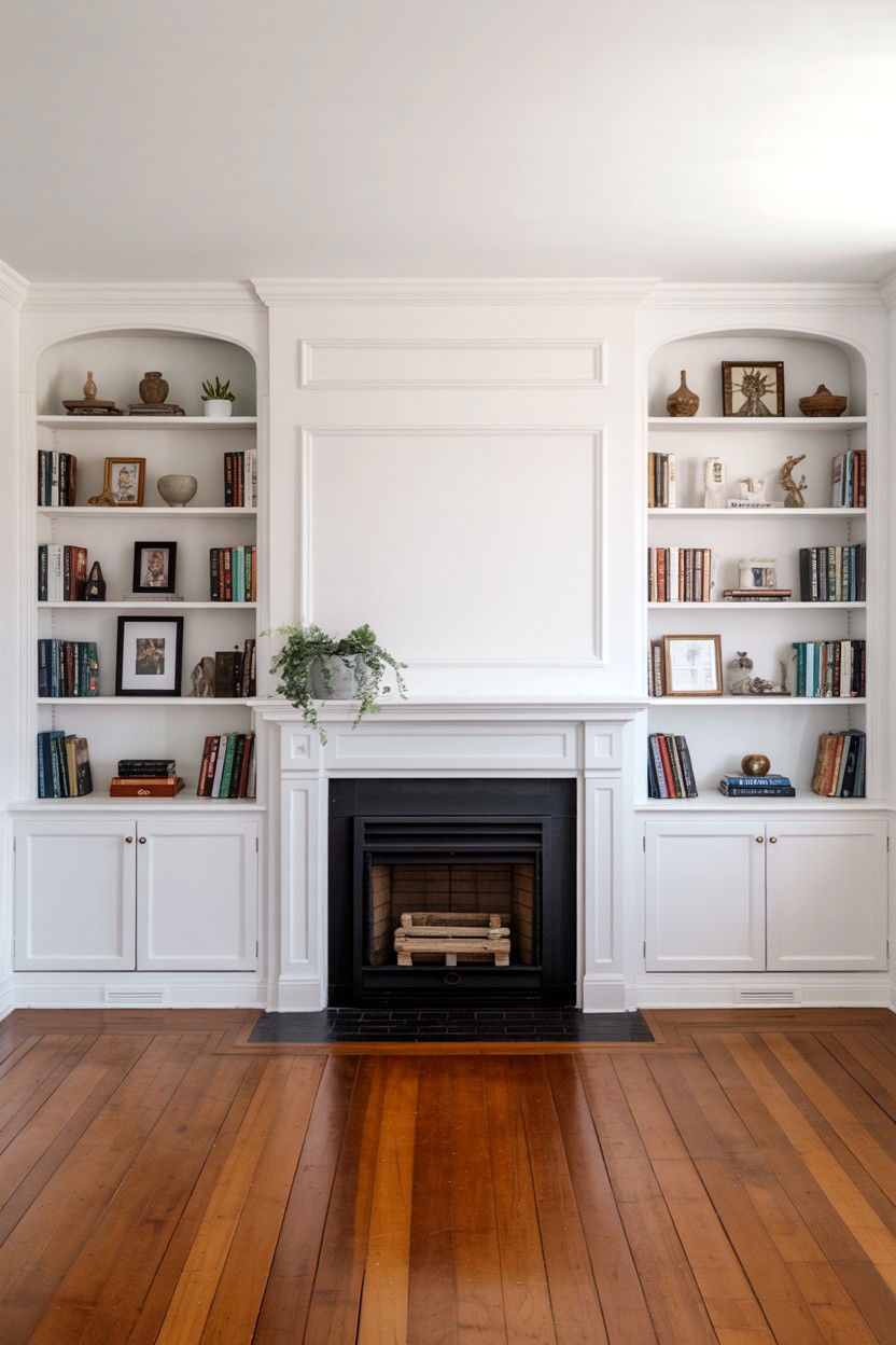 Symmetrical Open Shelving with White Paint Finish - 30 built ins around fireplace ideas