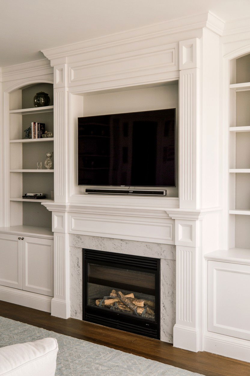 TV Recessed into Custom Millwork Surround - 30 fireplace tv wall ideas