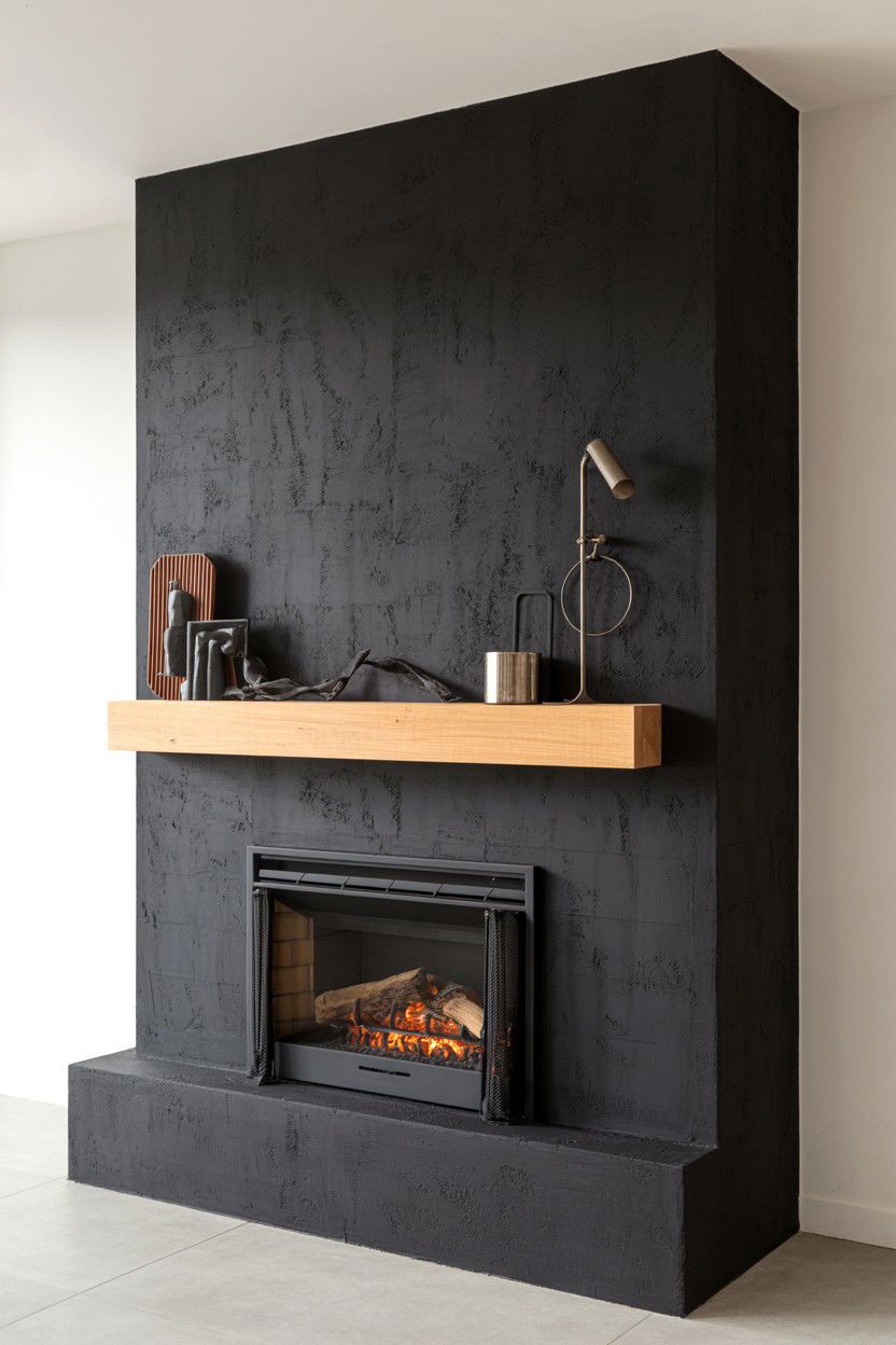 Textured Black Concrete Fireplace Feature Wall - 30 black fireplace wall ideas