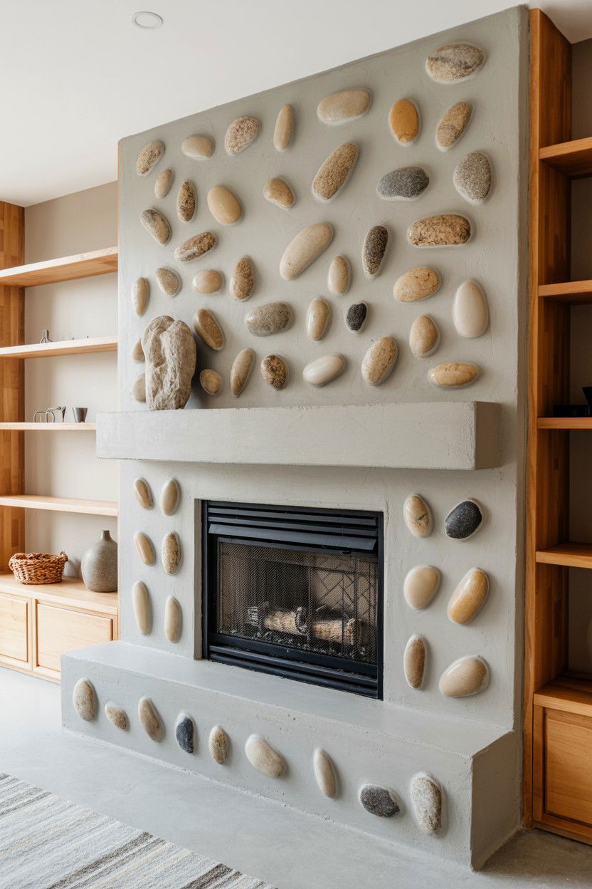 Thick Concrete Slab with Embedded River Rocks - 30 fireplace mantle ideas