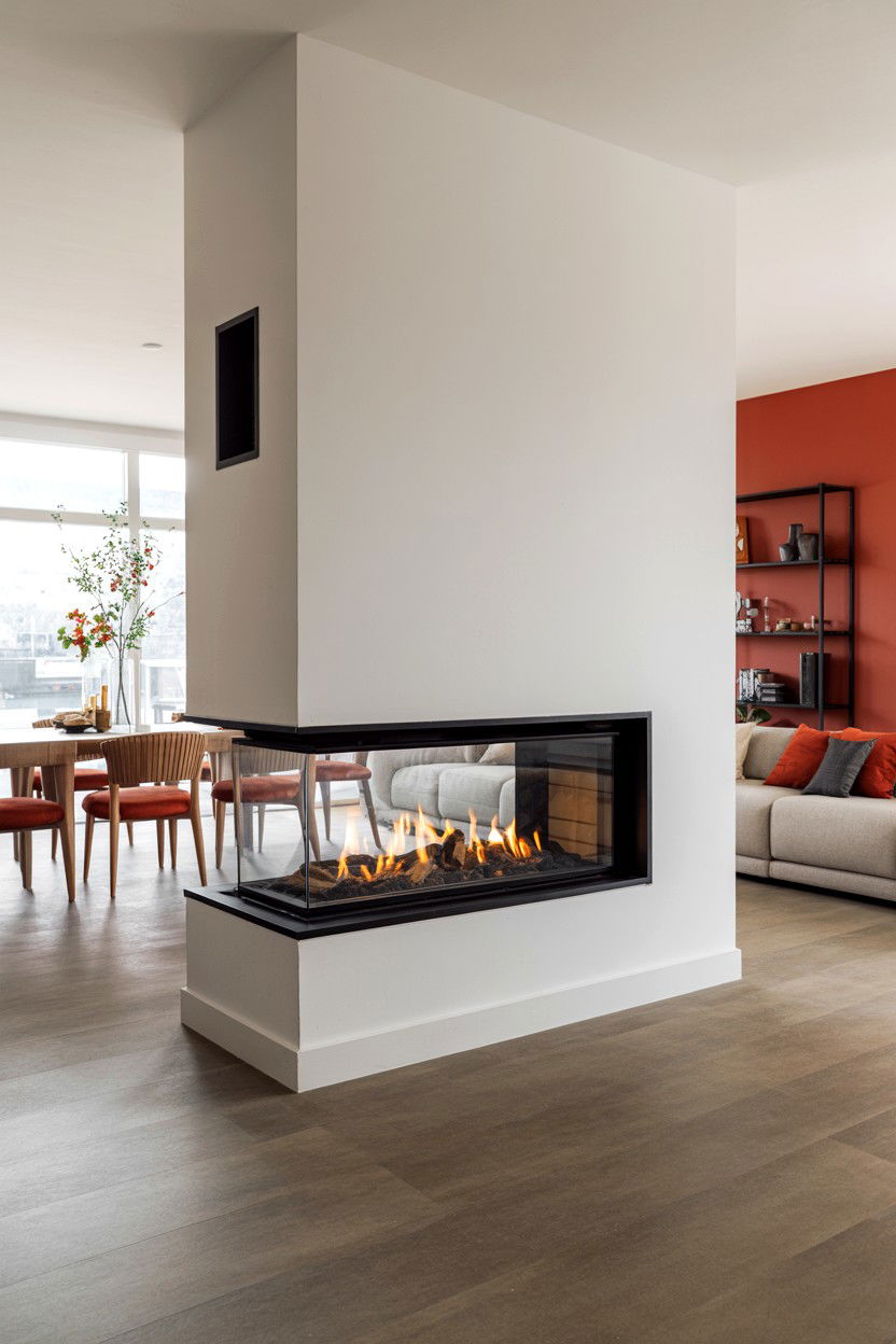 Three Sided Peninsula Fireplace as Room Divider - 30 best gas fireplace ideas