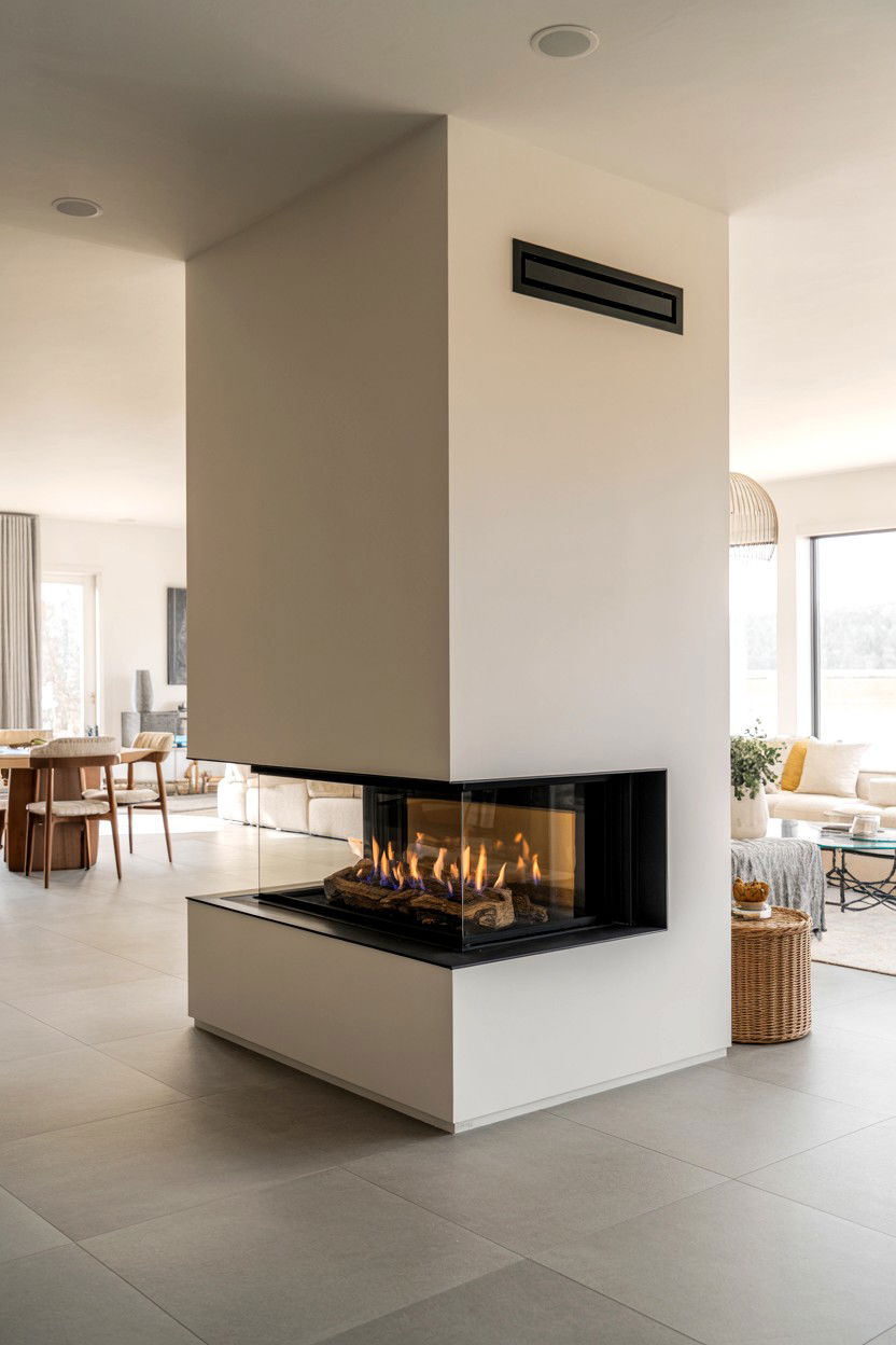 Three Sided Peninsula Fireplace with 360 Degree Viewing - 30 cozy fireplace aesthetic ideas