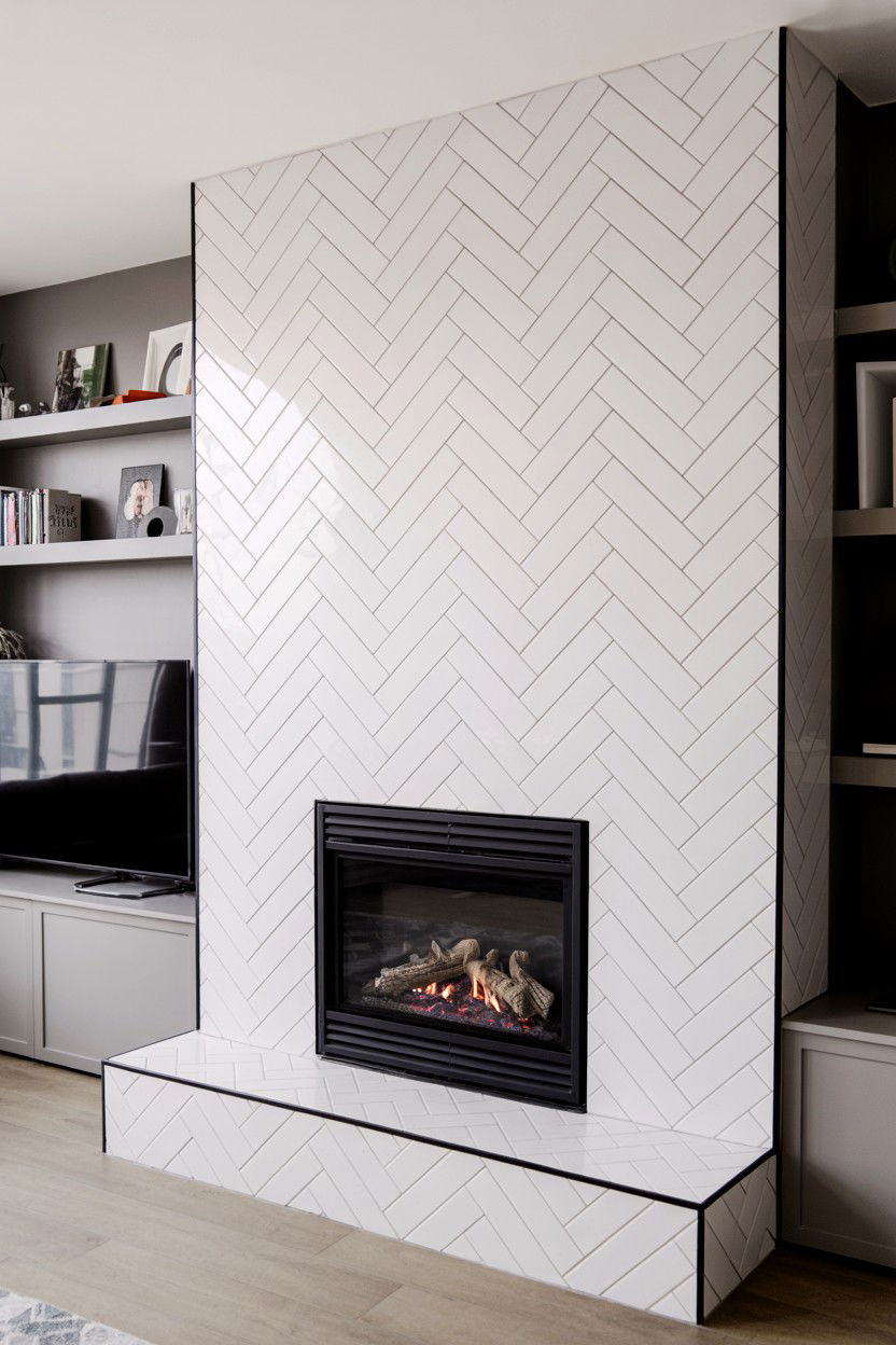 Tile Herringbone Pattern Surround - 30 gas fireplace ideas