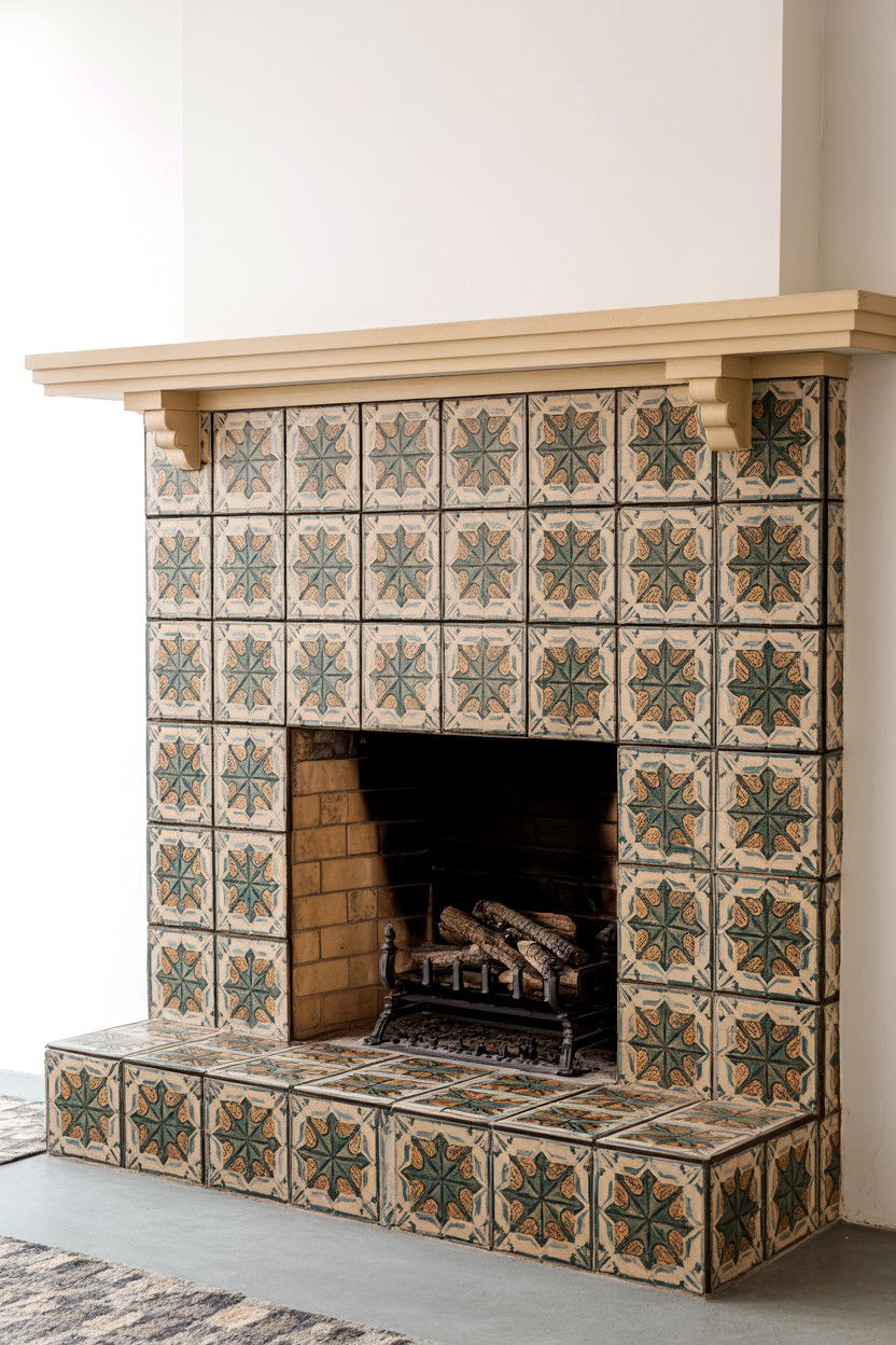Tiled Fireplace Surround with Geometric Patterns - 30 best fireplace decor ideas
