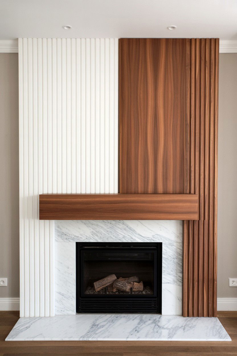 Two Tone Marble and Wood Contemporary Fireplace - 30 faux fireplace ideas