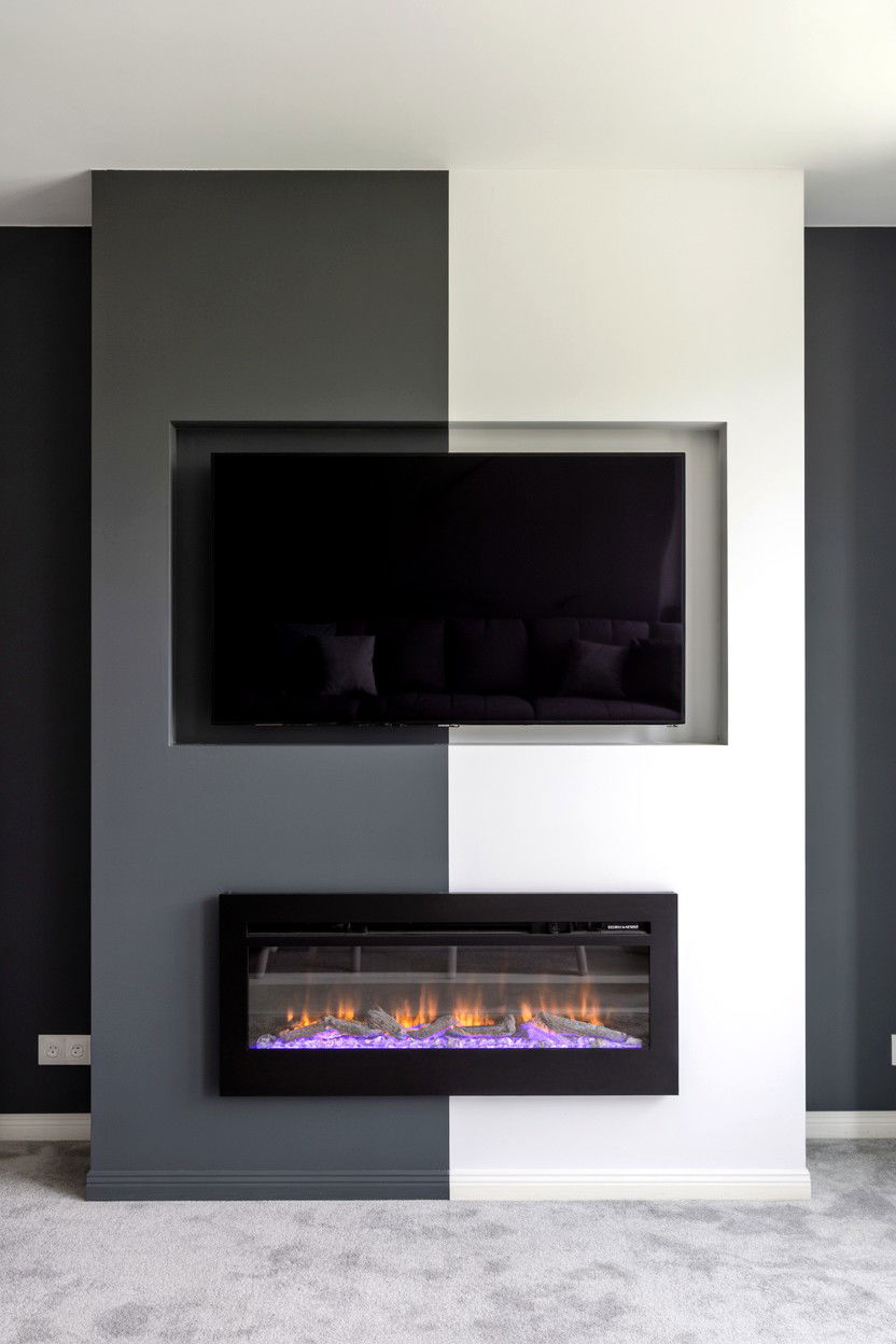 Two Tone Wall With Contrasting Color Blocks - 30 electric fireplace ideas with tv