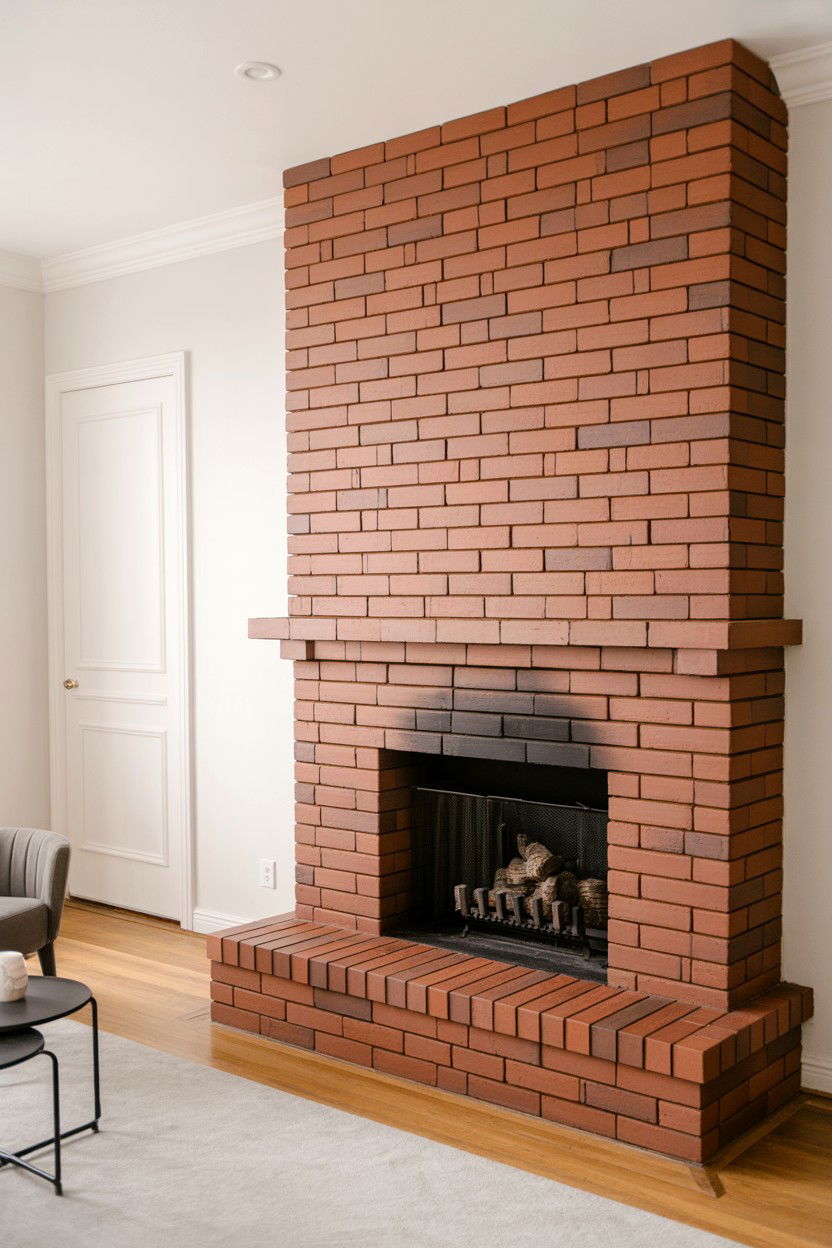 Vertical Brick Installation with Horizontal Joint Emphasis - 30 brick fireplace ideas