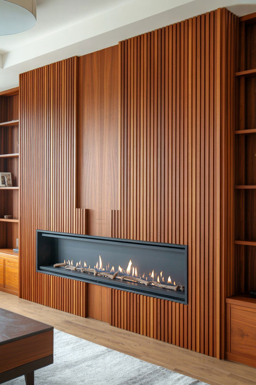 Vertical Slatted Wood Feature Wall with Central Linear Fireplace - 30 built in fireplace ideas
