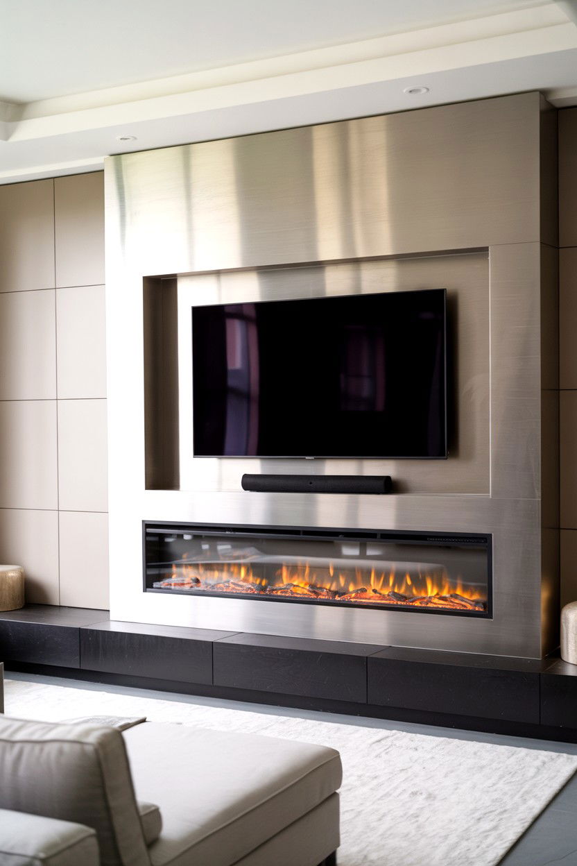 Wall Mounted Linear Fireplace With Centered TV Above - 30 electric fireplace ideas with tv