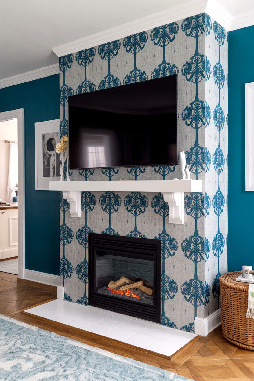 Wallpaper Accent Behind TV and Fireplace - 30 tv over fireplace ideas