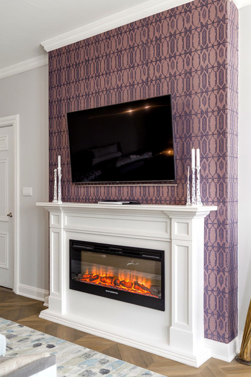 Wallpaper Accent Wall With Patterned Background - 30 electric fireplace ideas with tv