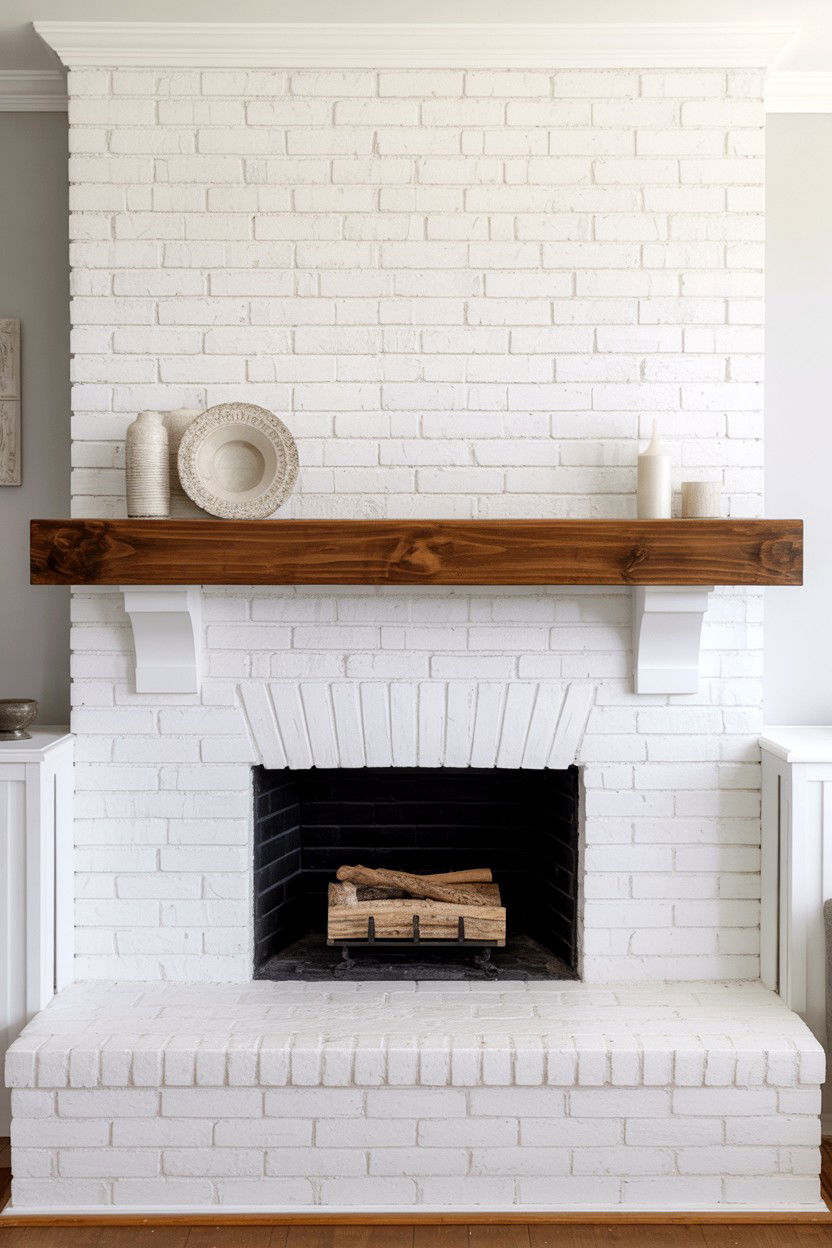 White Brick Fireplace with Painted Mantel - 30 cozy fireplace ideas