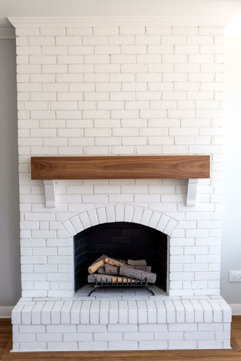 White Painted Brick with Floating Wood Mantel - 30 corner fireplace ideas