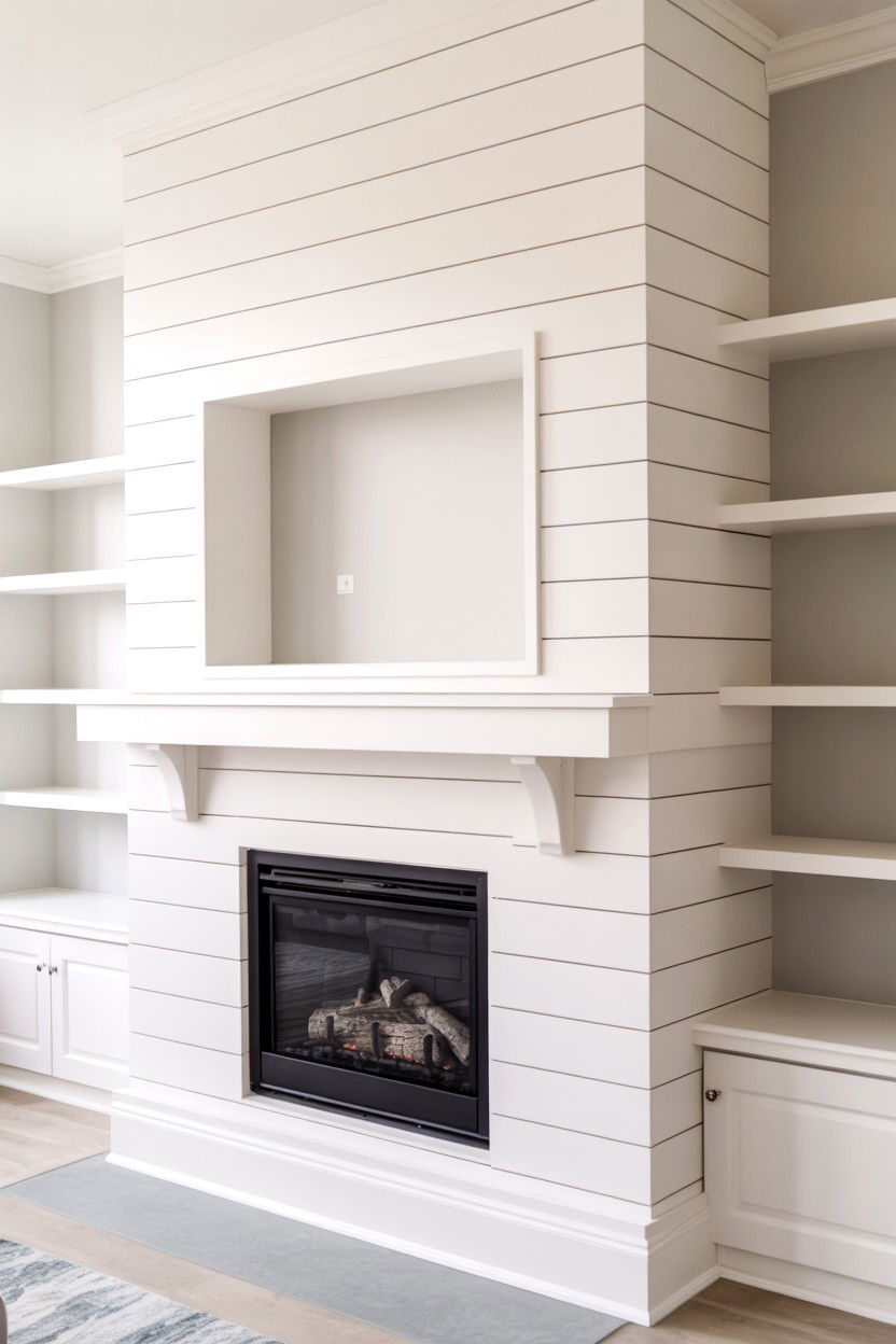 White Shiplap Surround with Recessed Niche Above - 30 built in fireplace ideas