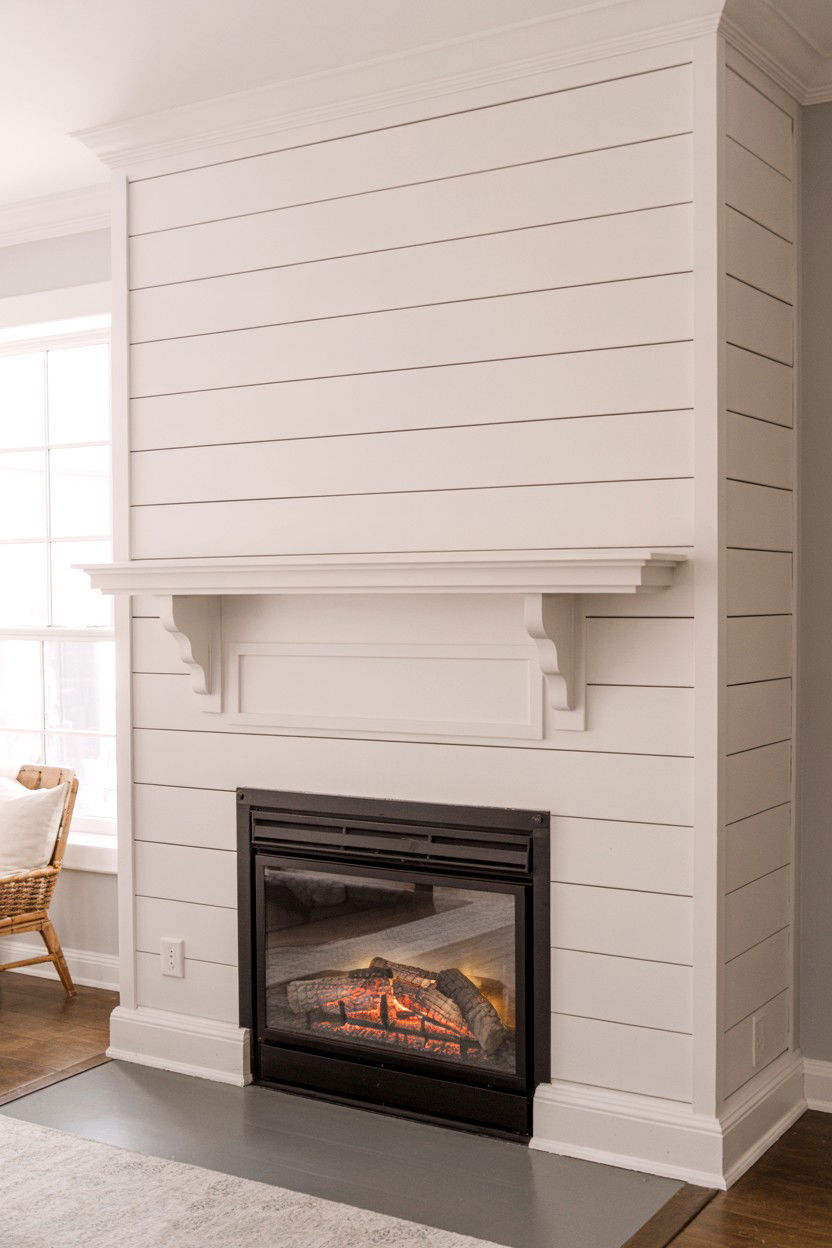 White Shiplap Surround with Traditional Mantel Shelf - 30 faux fireplace ideas