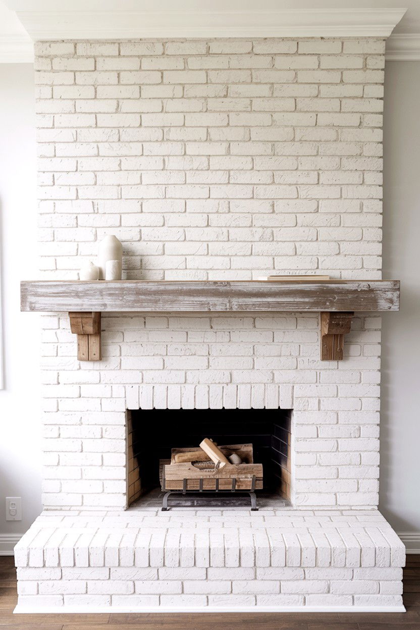 White Washed Brick with Distressed Wood Mantel - 30 built in fireplace ideas