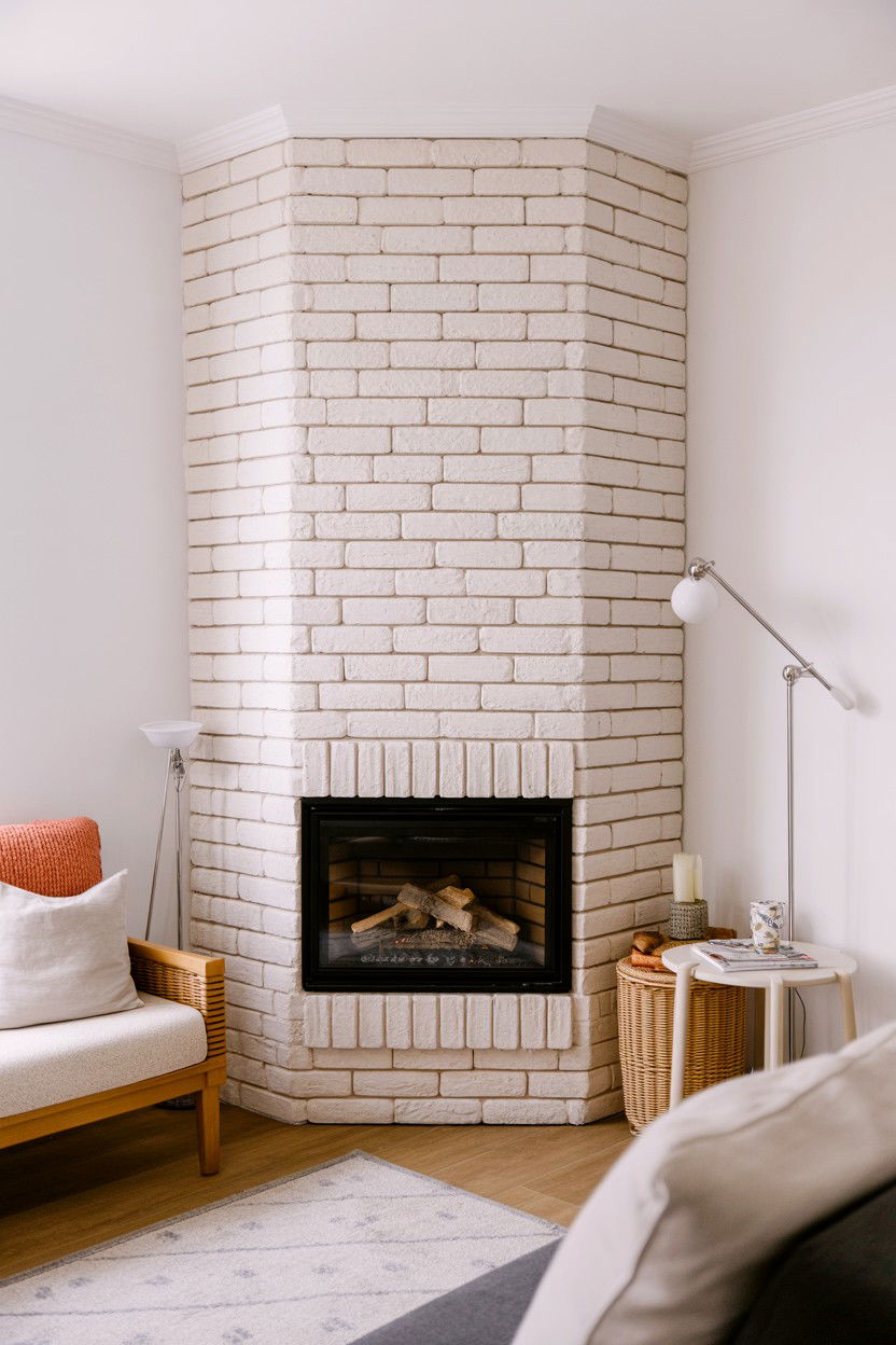 Whitewashed Brick Corner Fireplace - 30 brick fireplace ideas