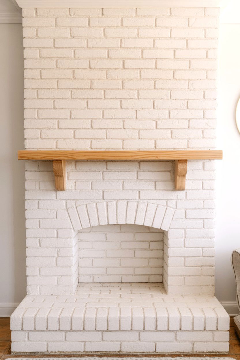 Whitewashed Brick Surround with Simple Wood Shelf - 30 fireplace mantle ideas