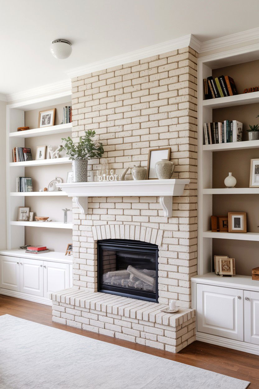 Whitewashed Brick with Built In Shelving - 30 brick fireplace ideas