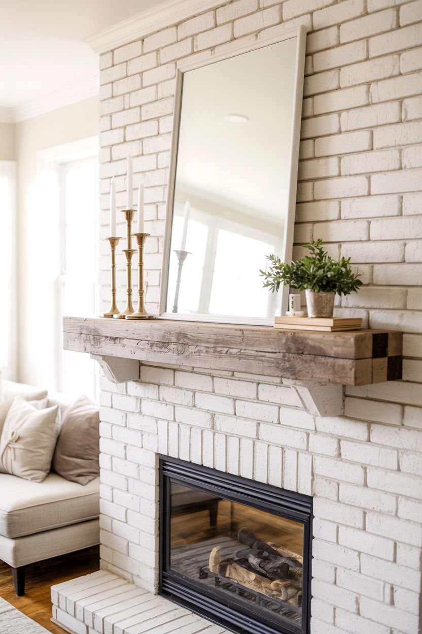 Whitewashed Brick with Reclaimed Wood Mantel - 30 brick fireplace ideas