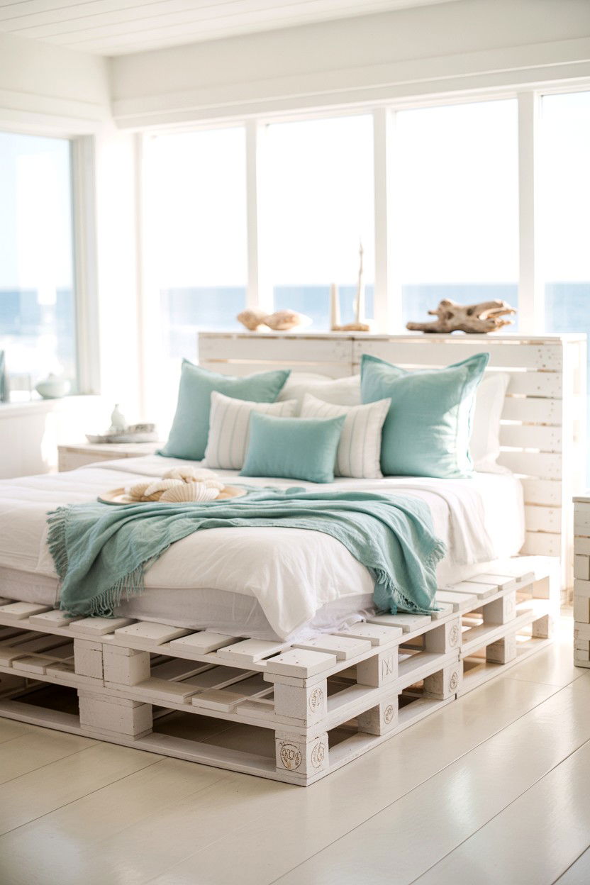 Whitewashed Pallet Bed Frame for Coastal Bedroom Themes - 30 pallet bed ideas