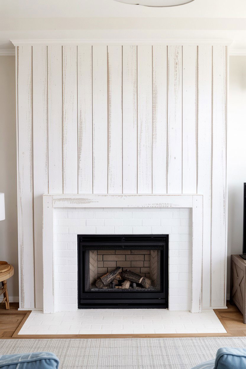Whitewashed Wood Plank Surround - 30 fireplace makeover ideas