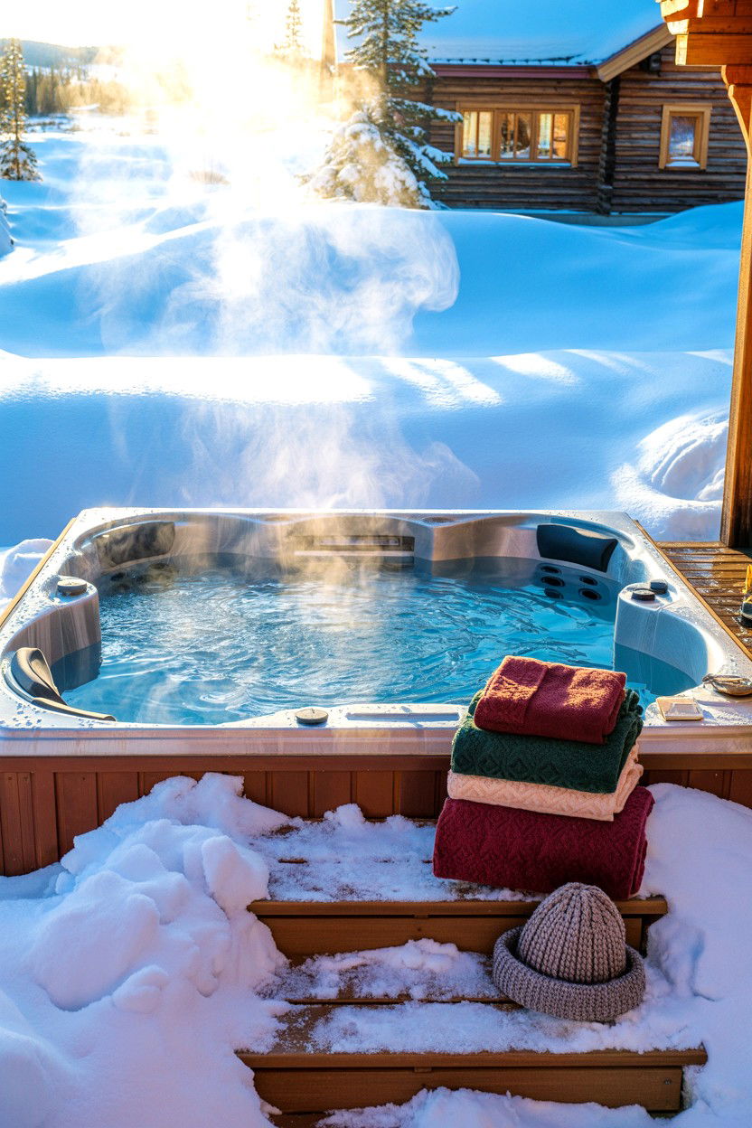 Winter Steam and Snow Flurries - 20-hot-tub-cozy-cabin-trip-ideas