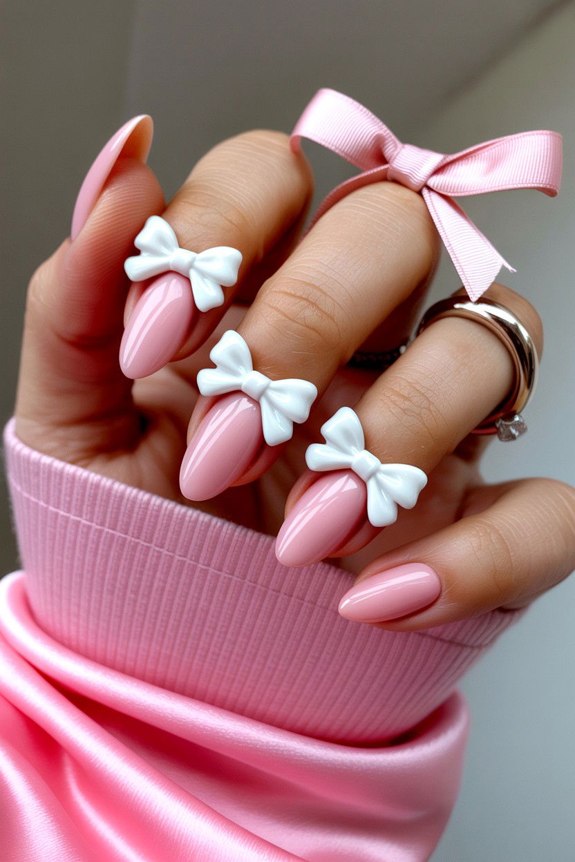 3D Bow Nails - 25 Valentine's Day Almond Nail Ideas