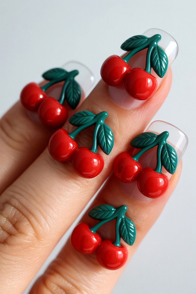 3D Cherry Nail Art - 25 Cherry Valentine's Day Nail Ideas