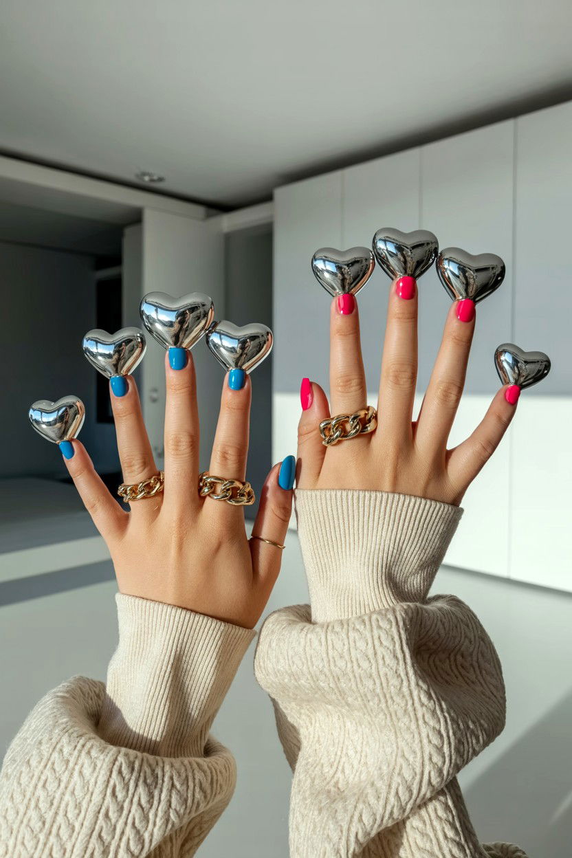 3D Chrome Heart - 25 Chrome Valentine's Day Nail Ideas
